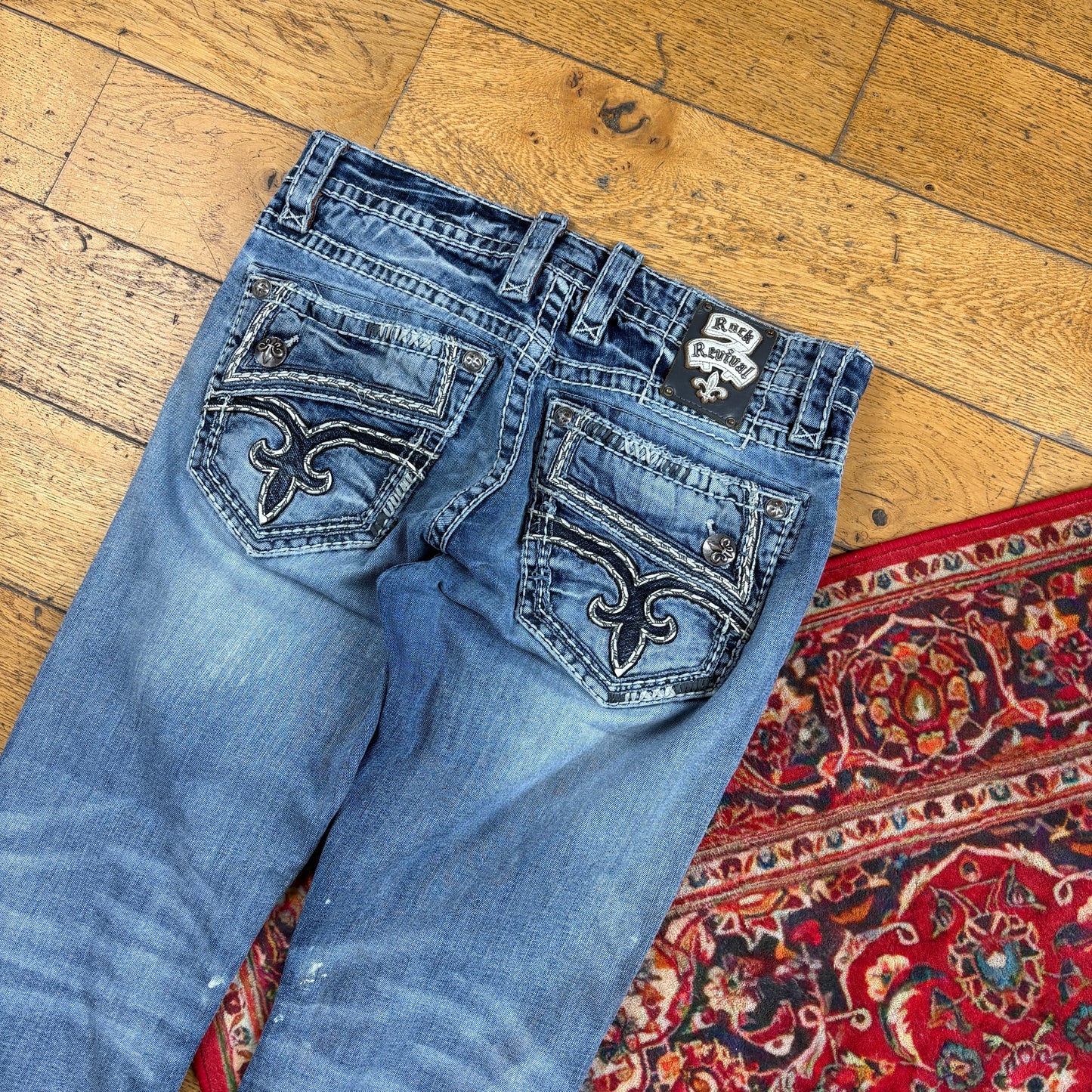 Vintage Rock Revival Blue Embroidered Y2K Hip Hop Straight Jeans - 34