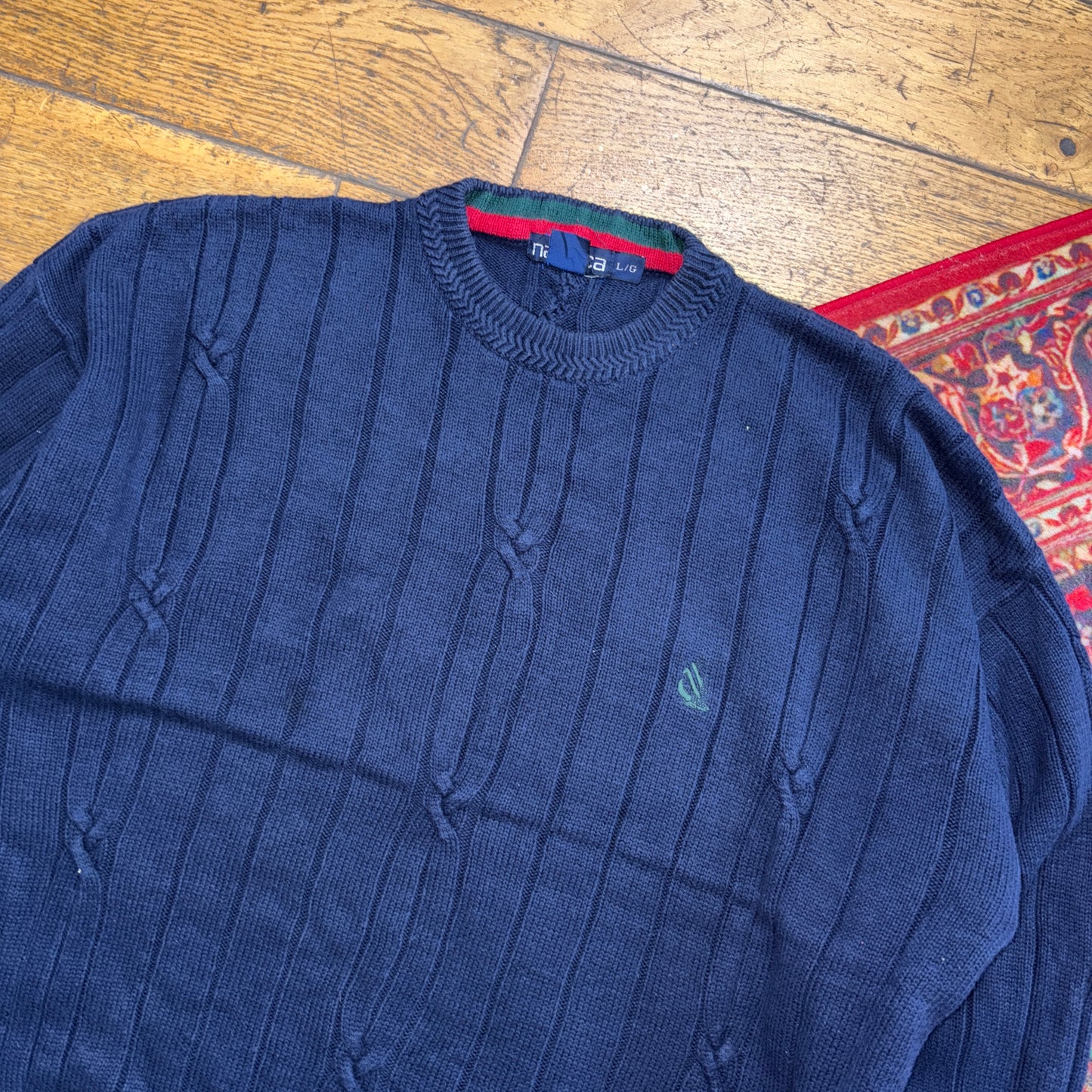 Vintage Nautica Navy Cable Embroidered Knit Jumper - XL