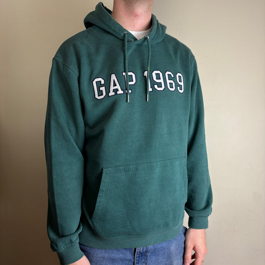 Vintage Gap Green Spellout Embroidered Hoodie Sweatshirt - L