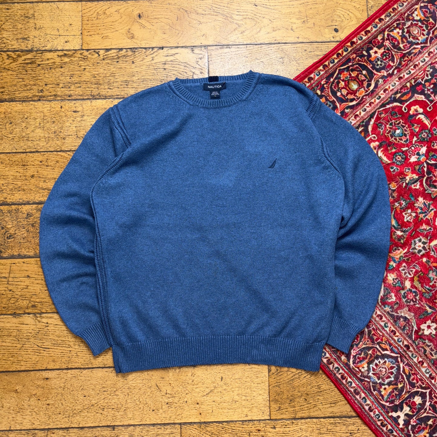 Vintage Nautica Blue Embroidered Knit Jumper - L