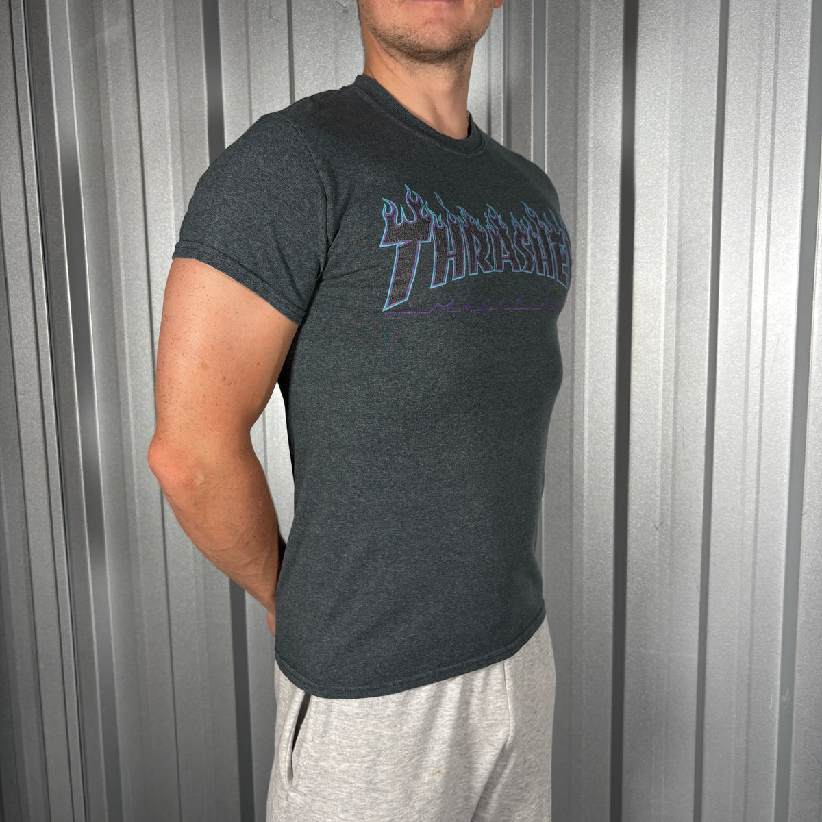 Thrasher Grey Flames Skate Graphic T-Shirt - XS