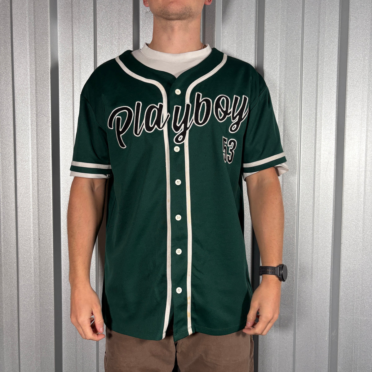 Playboy Green Embroidered Baseball Jersey T Shirt - L