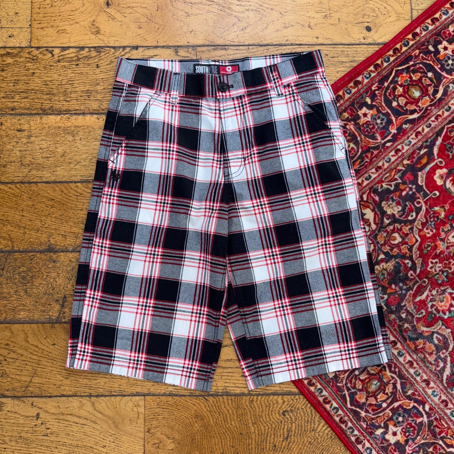 Vintage Southpole Red Grey Check Y2 Womens Hip Hop Baggy Shorts Jorts - 30