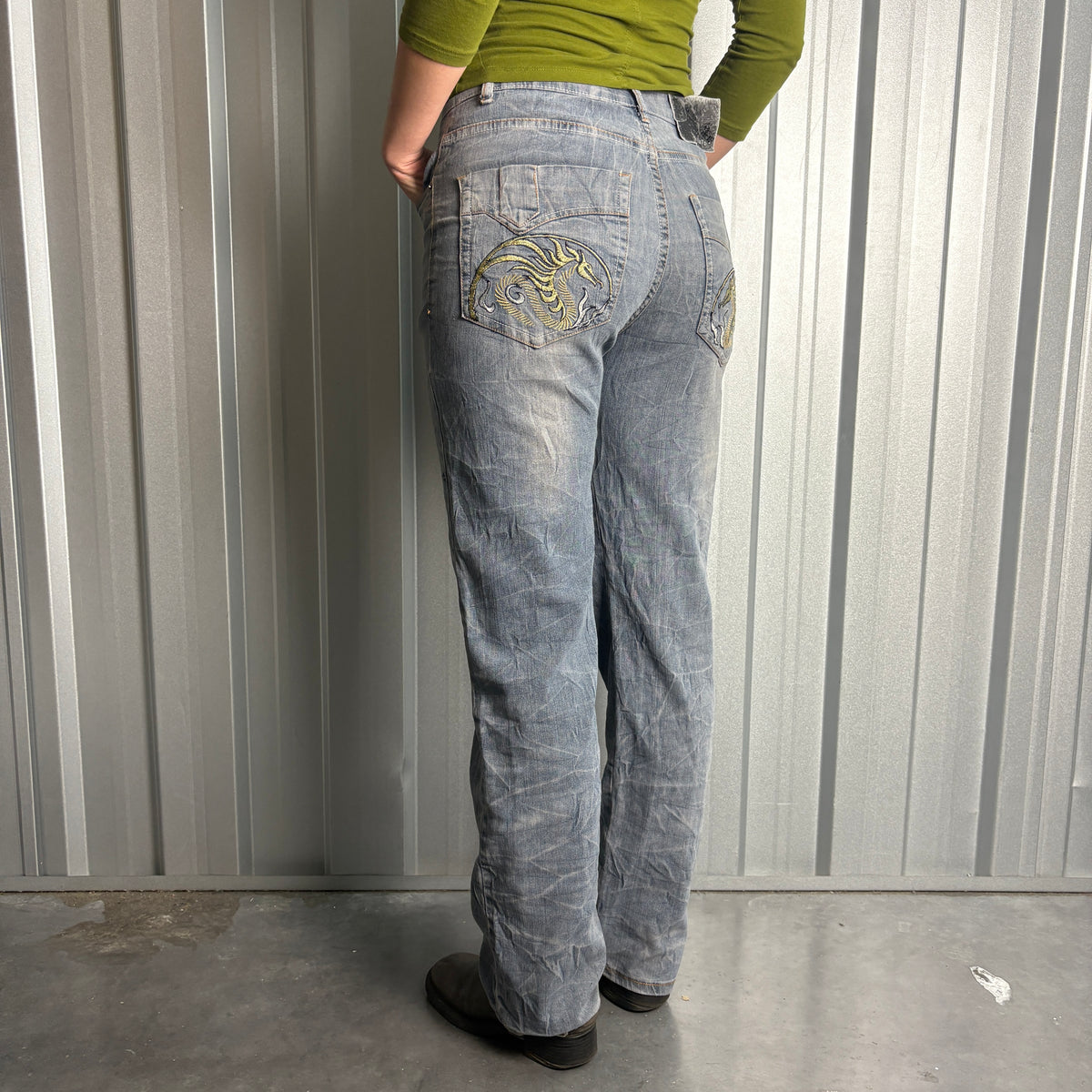 Embroidered Blue Dragon Japanese Denim Hip Hop Y2K Baggy Jeans - 30R