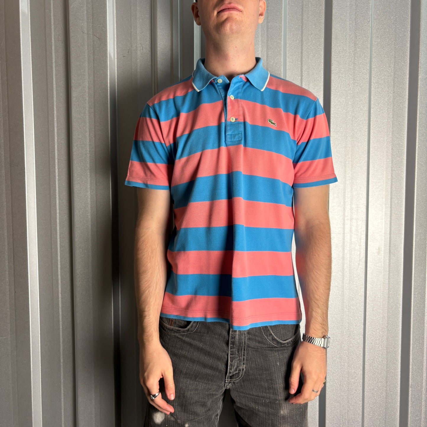 Vintage Lacoste Blue Pink Stripe 00s Polo Shirt - S