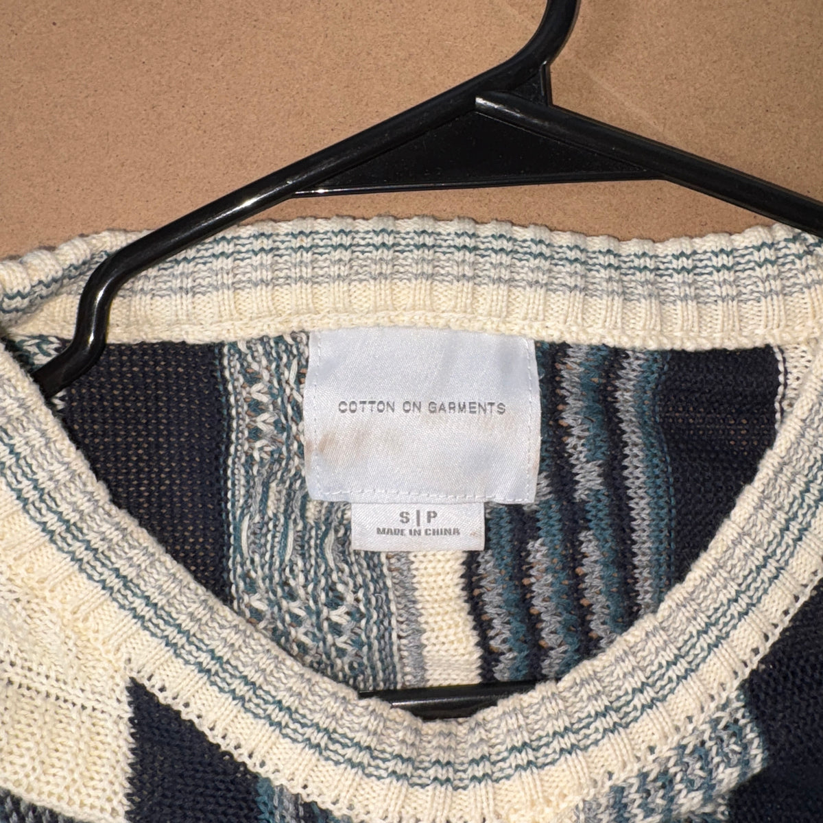 Coogi Style Crazy Funky Knit Cream Blue Jumper - L