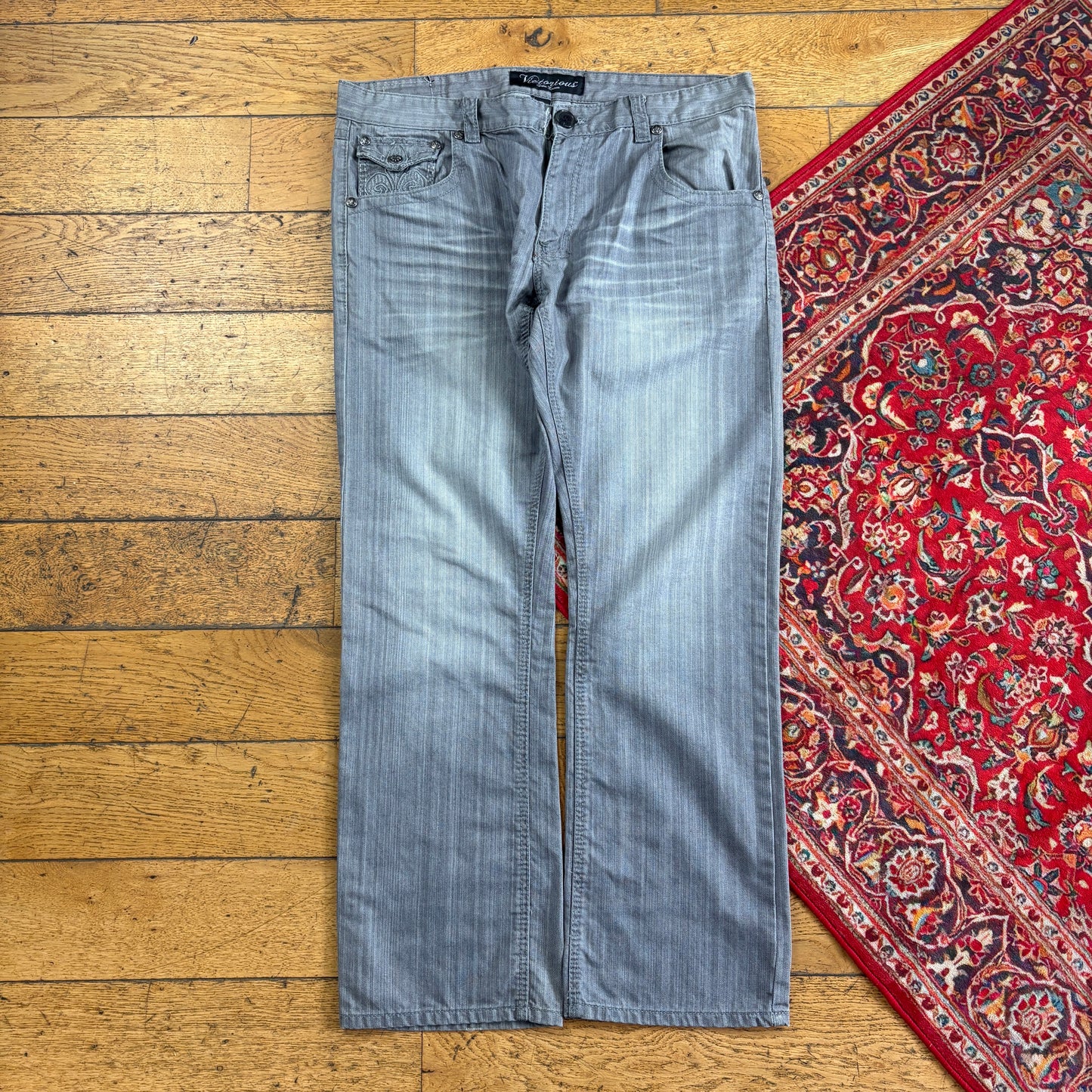 Vintage Grey Embroidered Y2K Hip Hop Baggy Jeans - 38