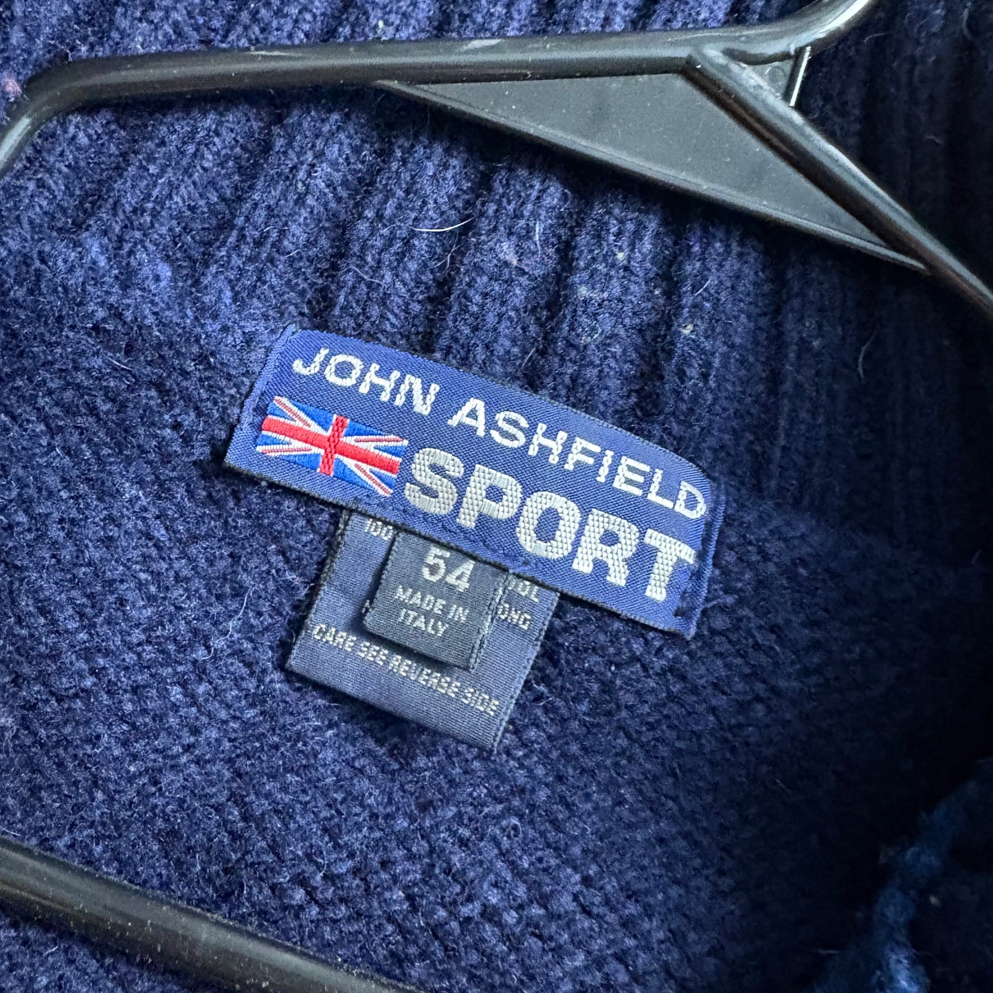 Vintage John Ashfield Union Jack Wool Navy 00s Y2K Zip Chunky Knit Jumper - L