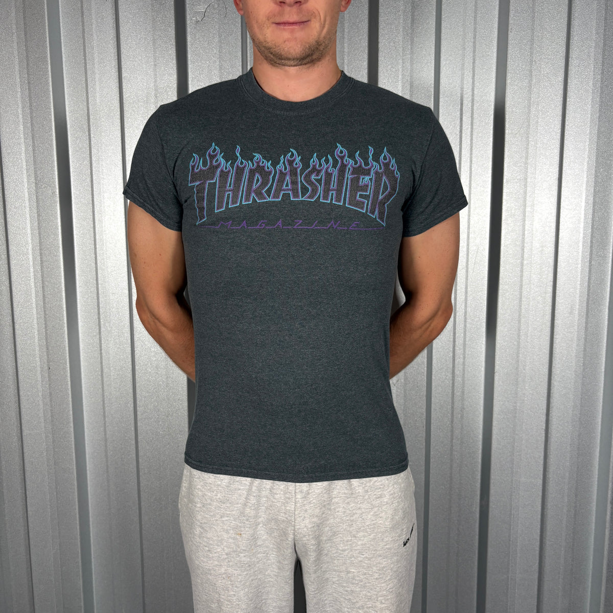 Thrasher Grey Flames Skate Graphic T-Shirt - XS