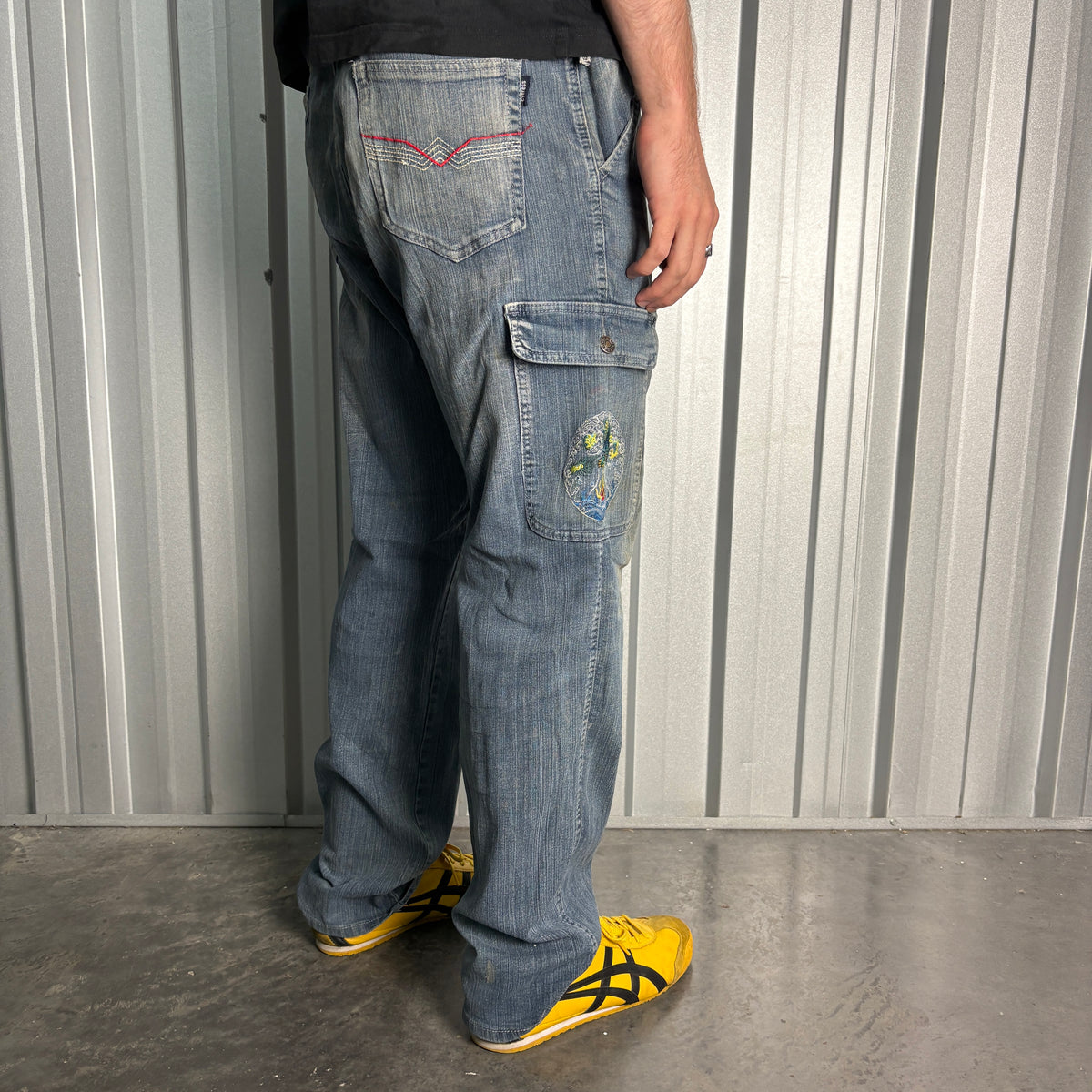 Embroidered Blue Dragon Japanese Denim Hip Hop Y2K Baggy Jeans - 36R