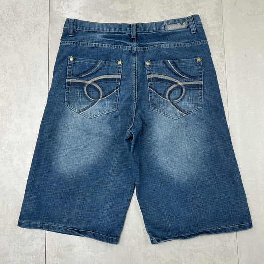 Vintage Embroidered Hip Hop Baggy Blue Shorts Jorts - 36