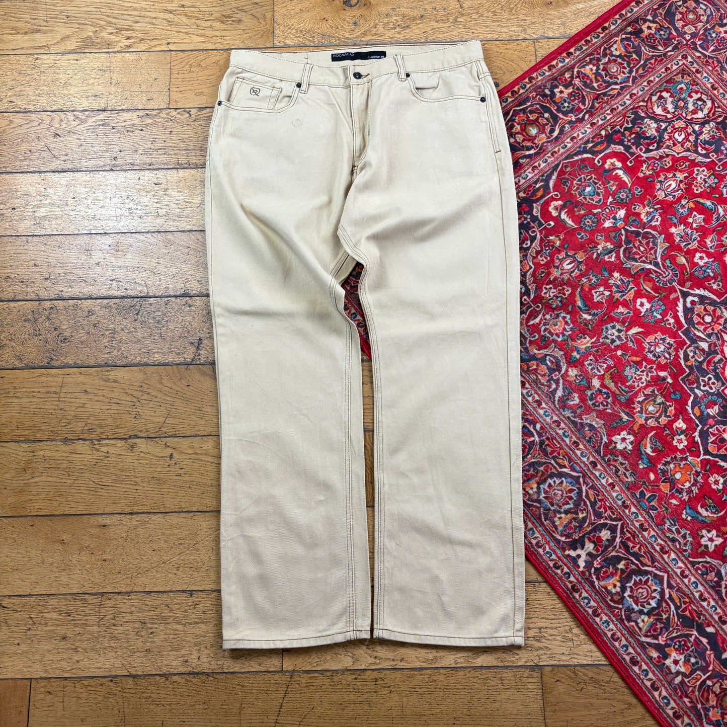 Vintage Rocawear Cream Embroidered Y2K Hip Hop Baggy Jeans - 38