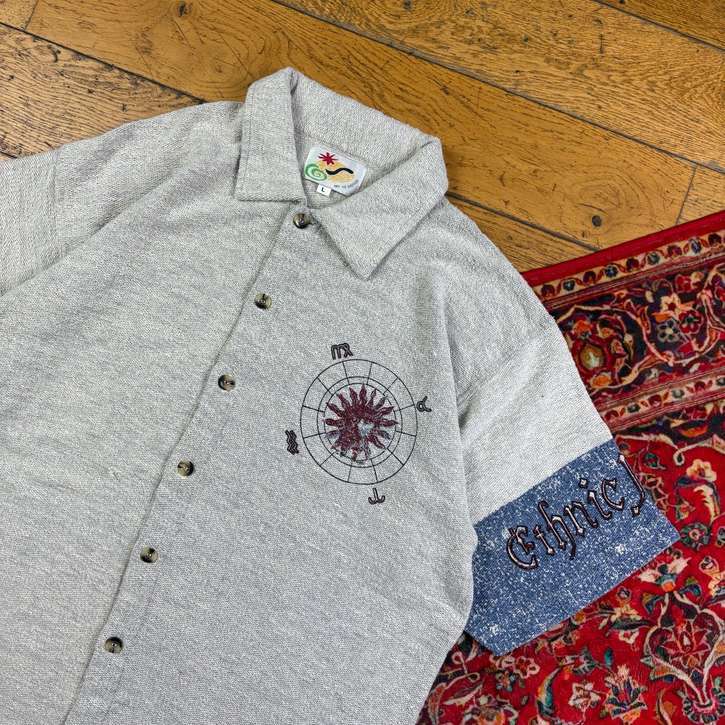 Vintage 90s Grey Blue Graphic Pattern Polo Shirt - L