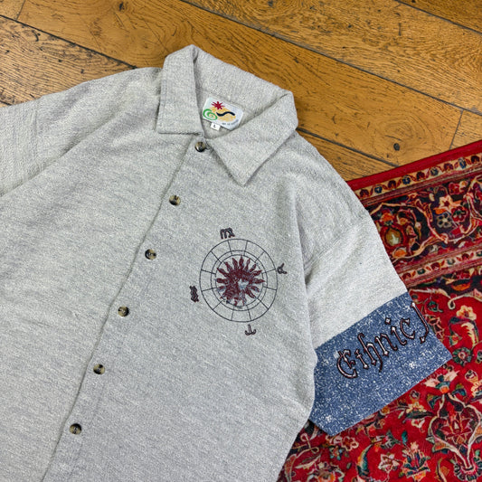 Vintage 90s Grey Blue Graphic Pattern Polo Shirt - L