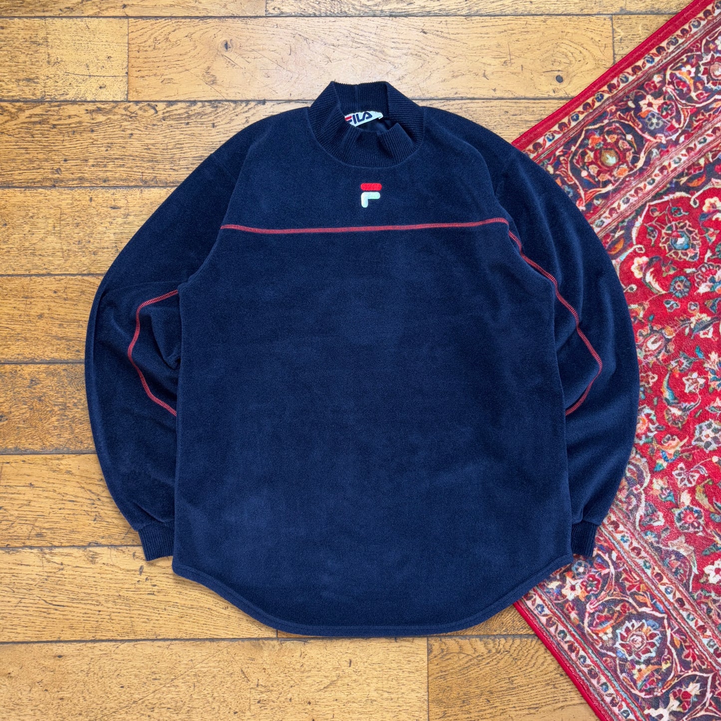 Vintage 90s Fila Navy Roll Neck Embroidered Fleece Sweatshirt - S