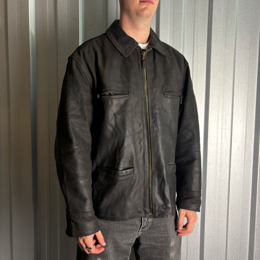 Vintage Dark Brown Leather Biker Jacket - XL