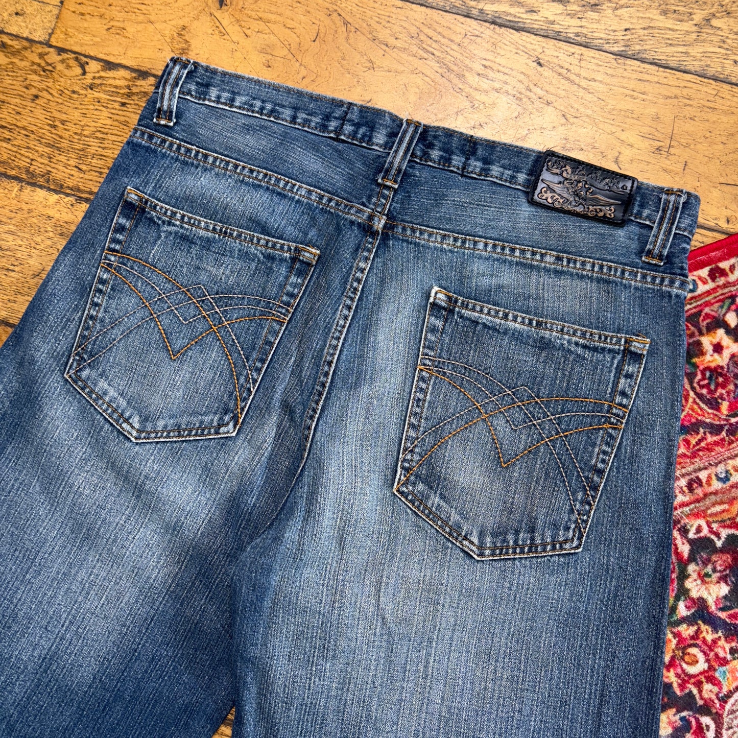 Vintage Blue Embroidered Y2K Hip Hop Baggy Jeans Shorts Jorts - 36