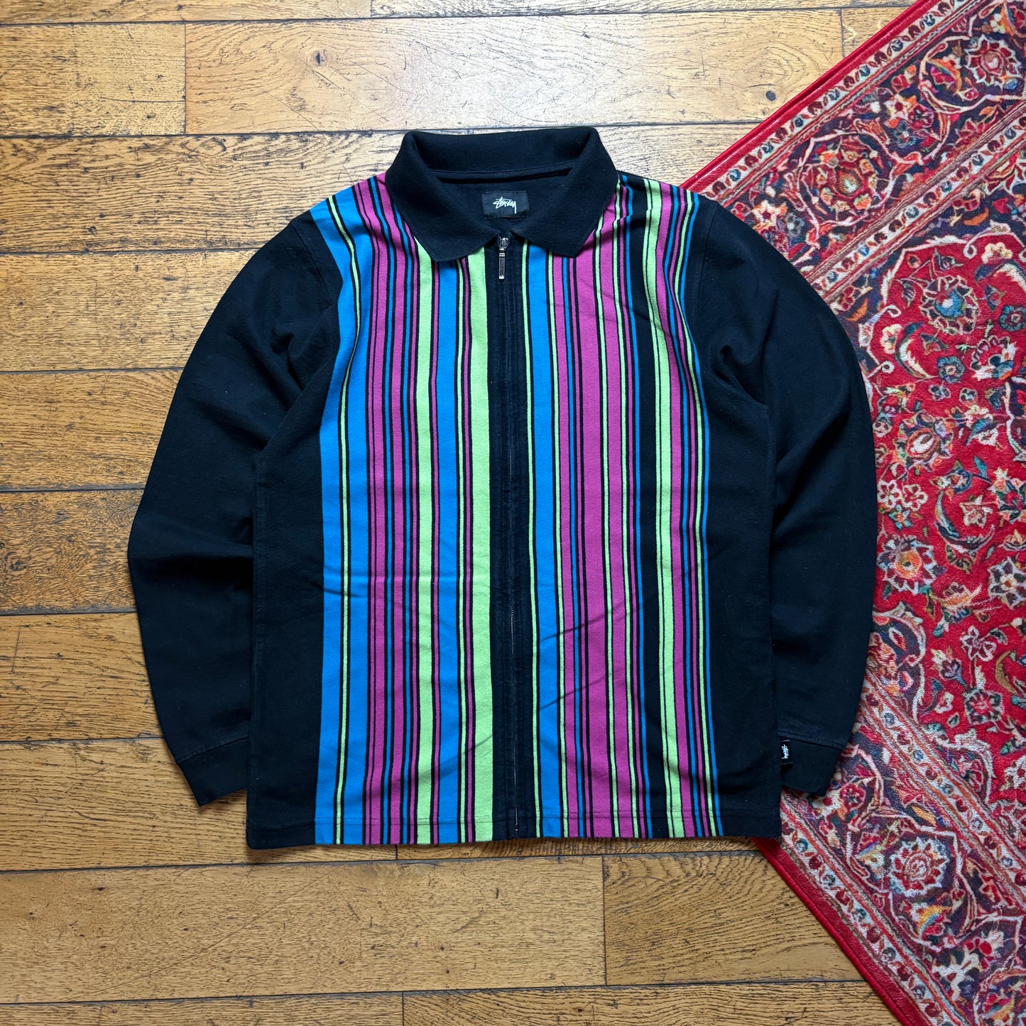 Vintage Stussy Black Stripe Zip Polo Rugby Shirt - M