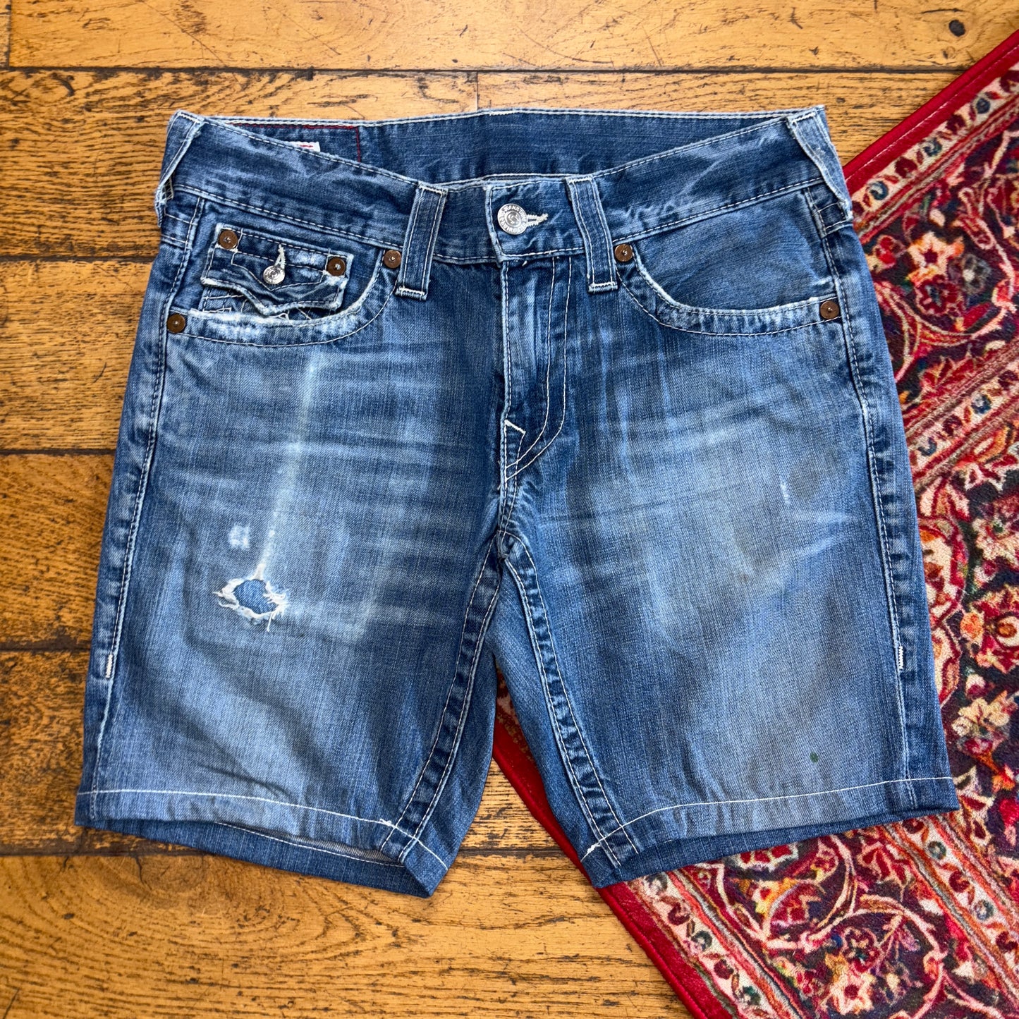 Vintage True Religion Blue Embroidered Y2K Shorts Jorts - 33