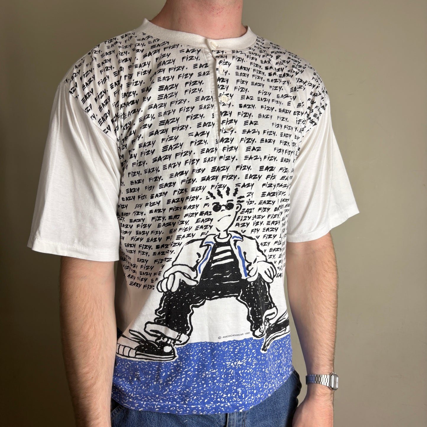 Vintage 1994 Eazy Fizy White Henley Single Stitch Graphic T-Shirt - M