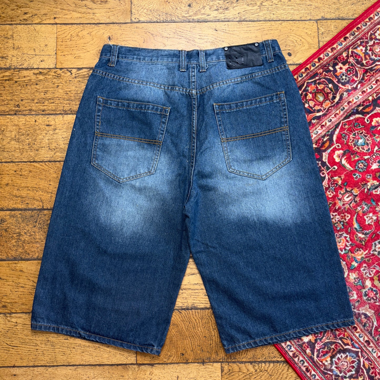 Vintage Blue Embroidered Y2K Hip Hop Baggy Jeans Shorts Jorts - 38