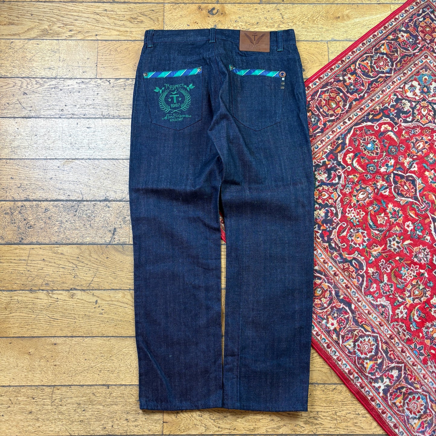 Vintage Raw Denim Blue Embroidered Y2K Hip Hop Baggy Jeans - 36