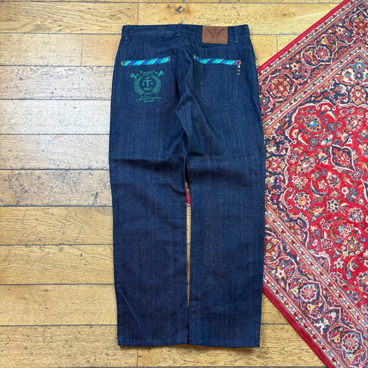 Vintage Raw Denim Blue Embroidered Y2K Hip Hop Baggy Jeans - 36