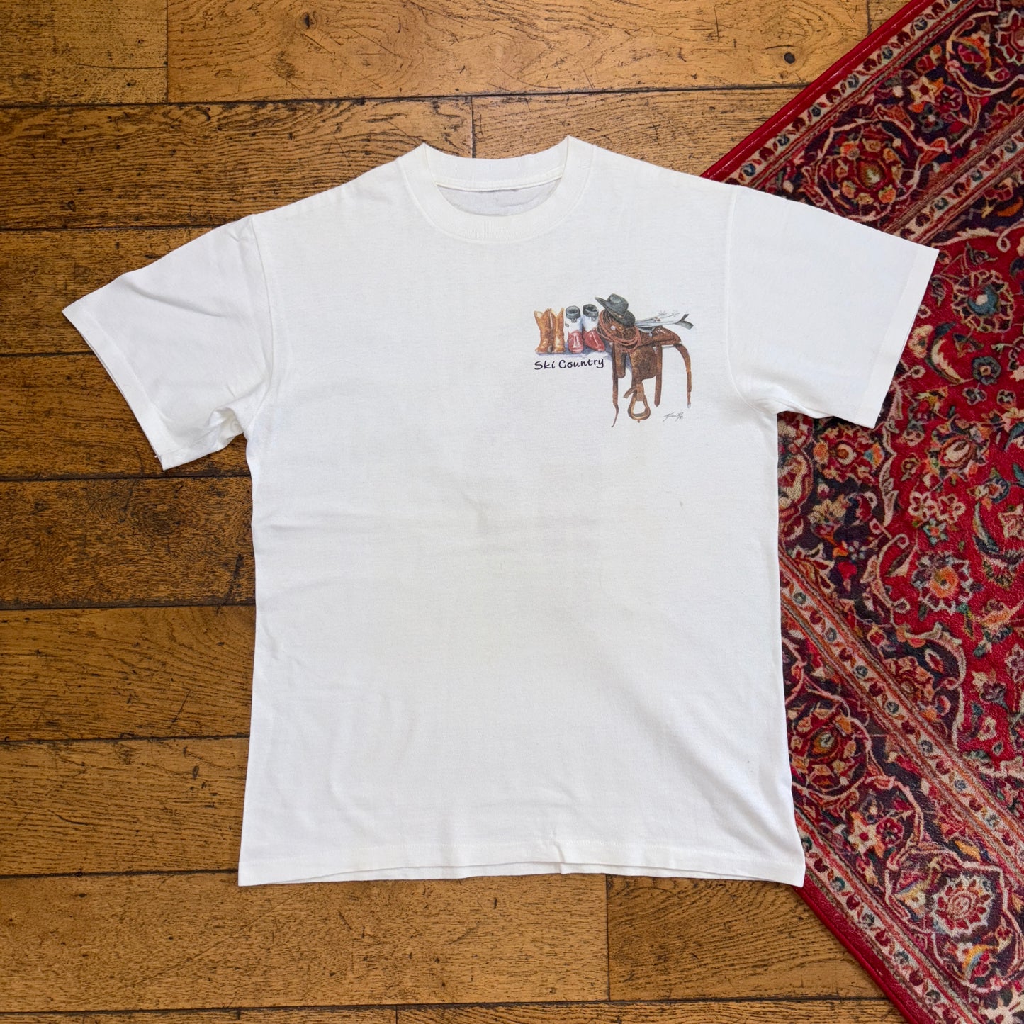 Vintage 90s Cowboy Ski White Single Stitch Graphic T-Shirt - S
