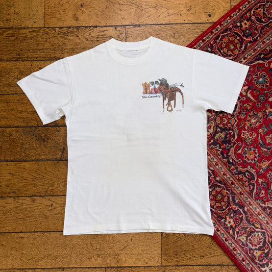 Vintage 90s Cowboy Ski White Single Stitch Graphic T-Shirt - S