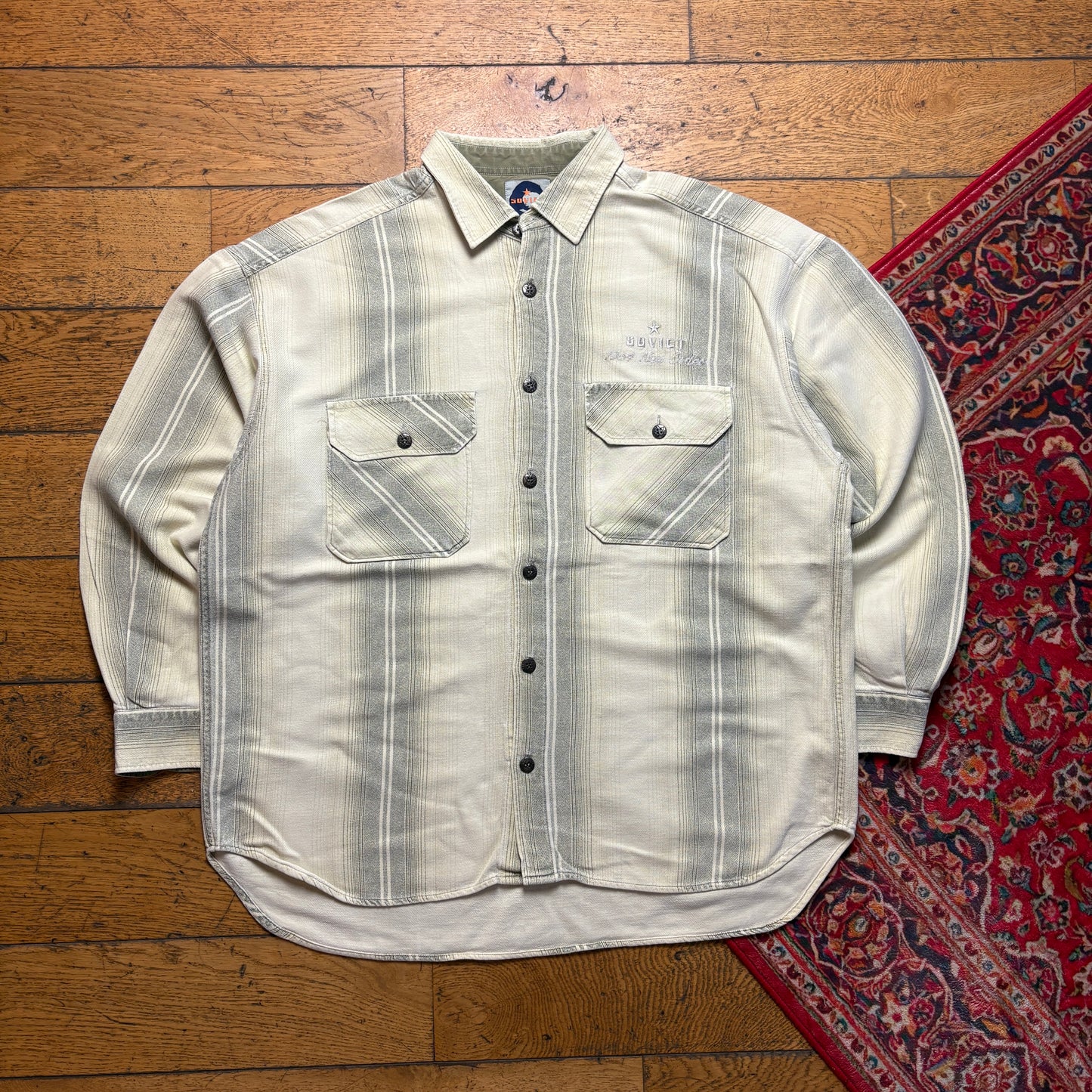 Vintage Soviet Cream Stripe Flannel Embroidered Shirt - XL