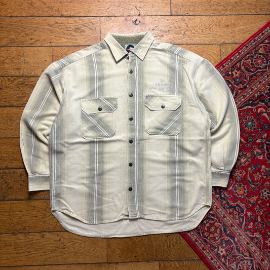 Vintage Soviet Cream Stripe Flannel Embroidered Shirt - XL