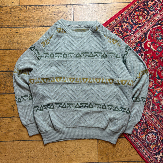Vintage Grey Pattern Chunky Knit Jumper - L
