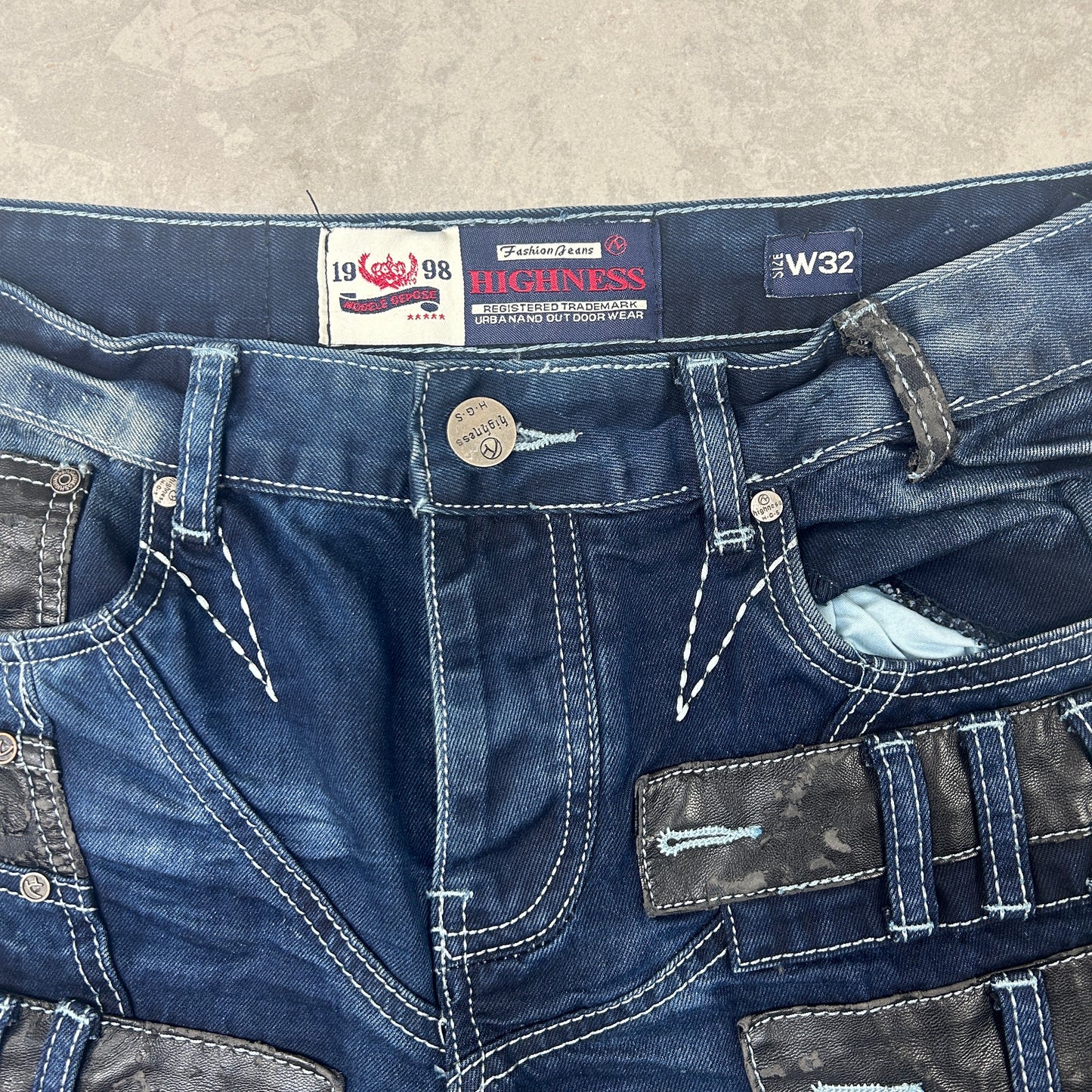 Vintage Hip Hop Straight Blue Black Biker Jeans - 32