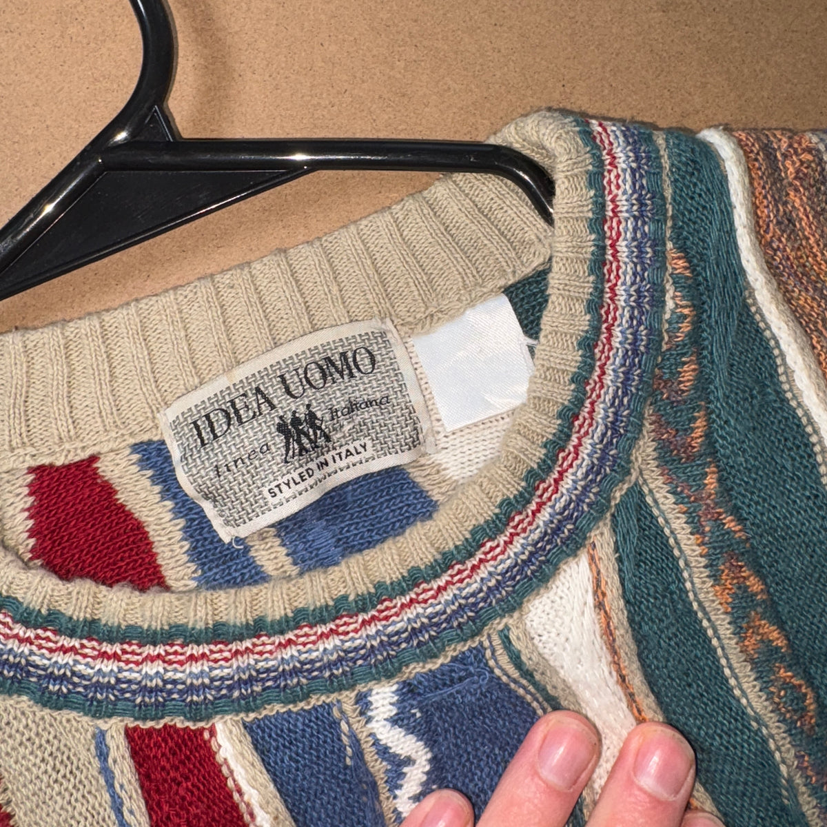 Coogi Style Cream Red Pattern Funky Knit Jumper - L