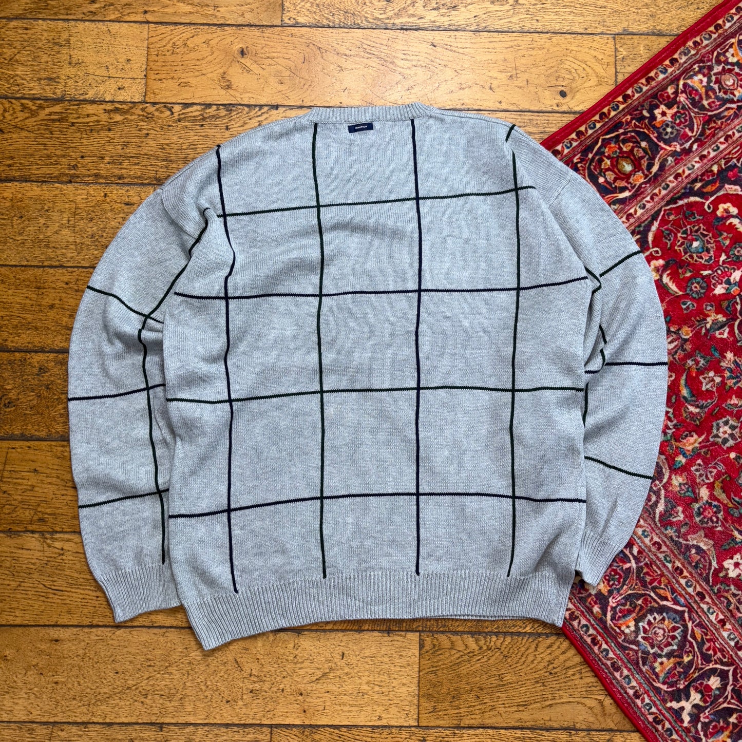 Vintage Nautica Grey Check Embroidered Knit Jumper - XL