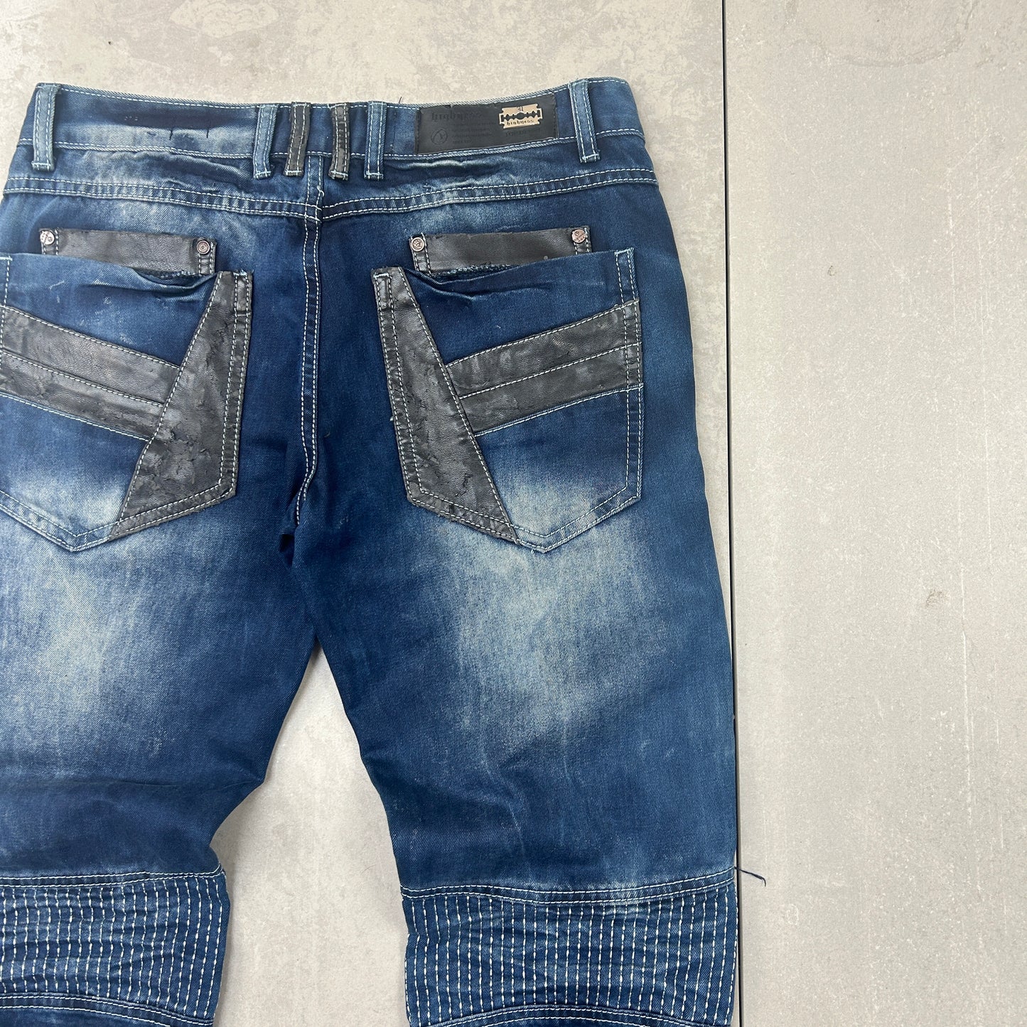 Vintage Hip Hop Straight Blue Black Biker Jeans - 32