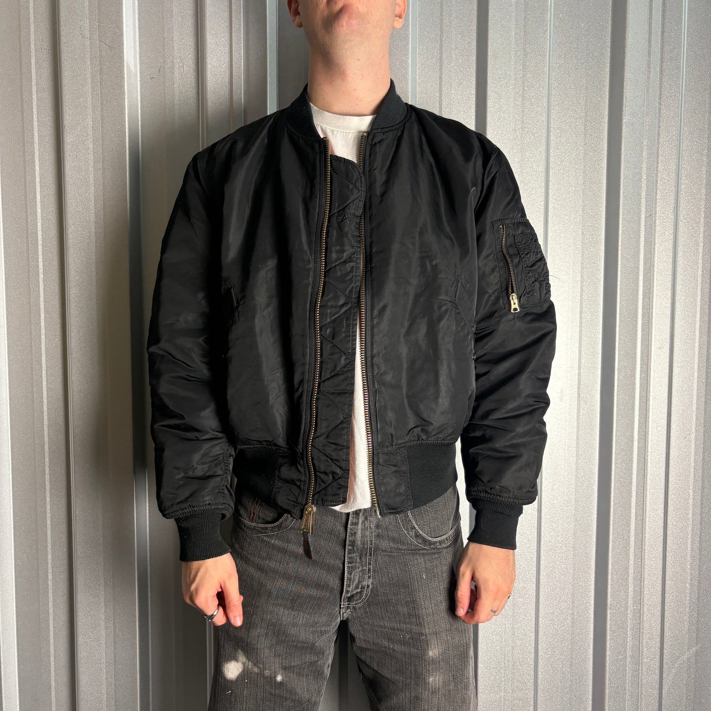 Vintage Alpha Industries Black Bomber Cropped Flight Aviator Jacket - L