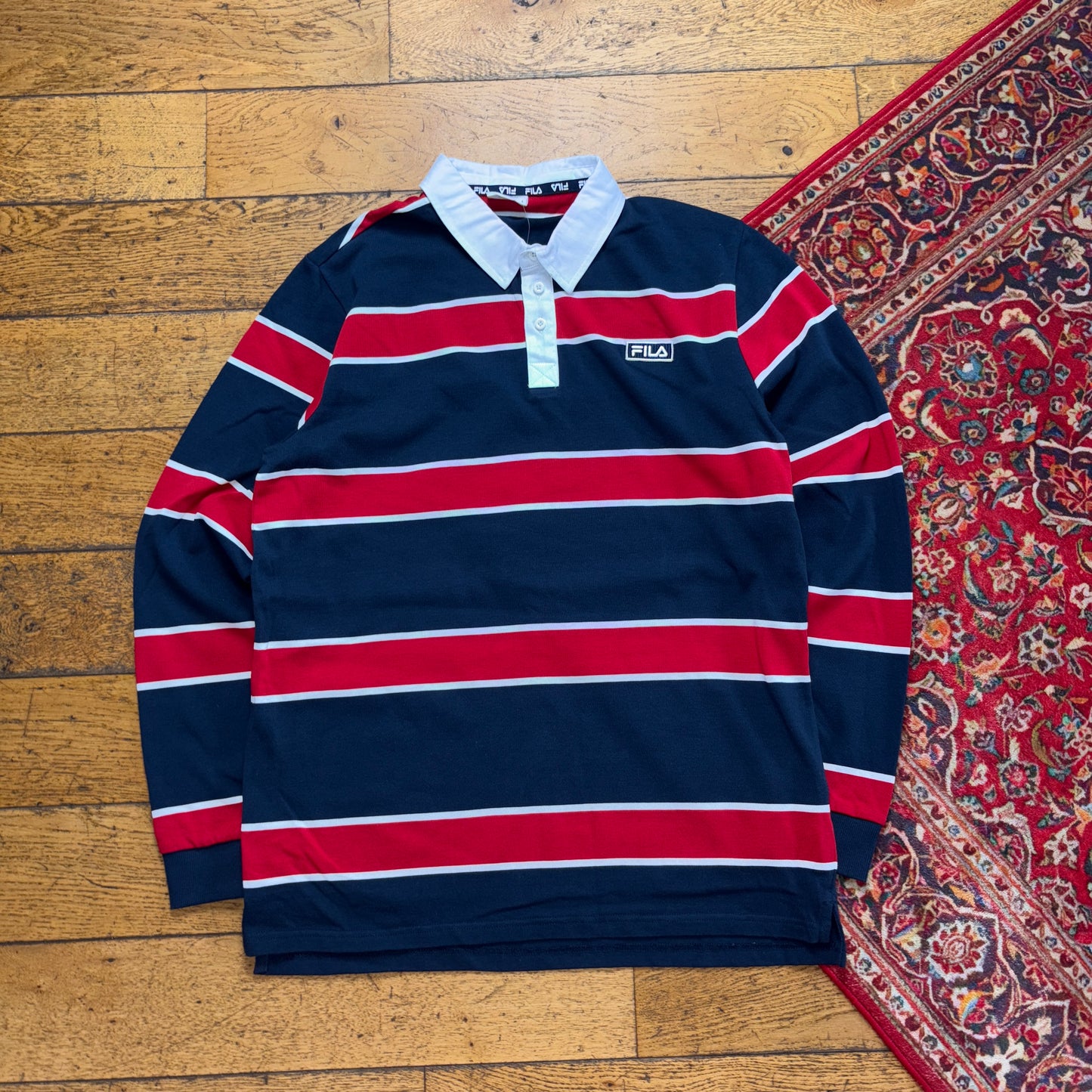 Vintage Fila Navy Red Stripe Rugby Polo Shirt - M