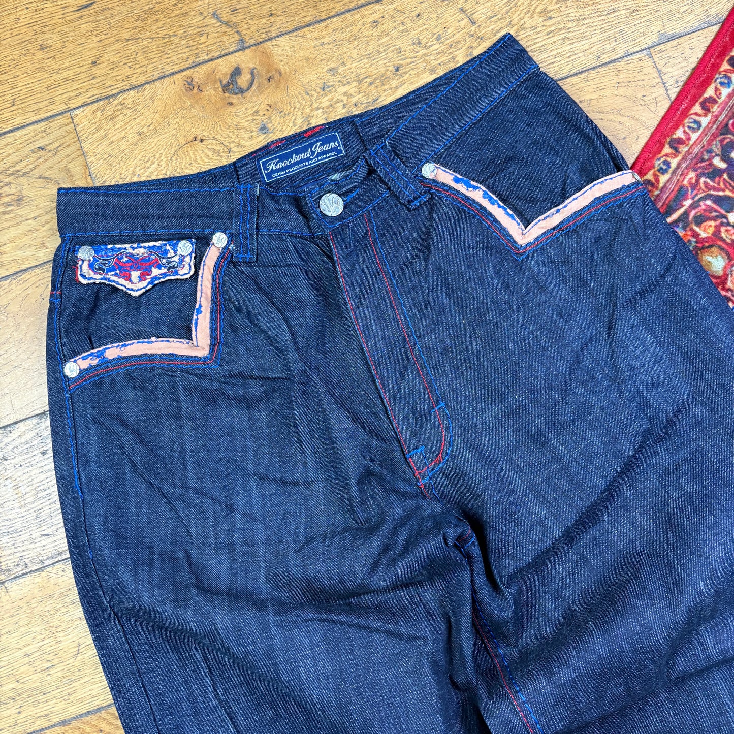 Vintage Blue Embroidered Y2K Hip Hop Baggy Jeans - 36
