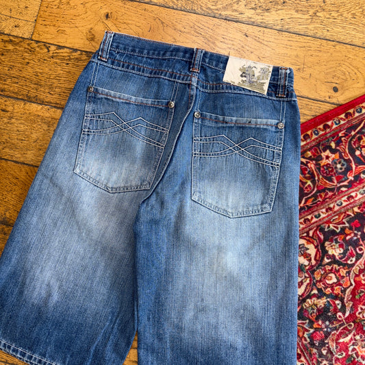 Vintage Five Elements Embroidered Blue Hip Hop Baggy Shorts Jorts - 30