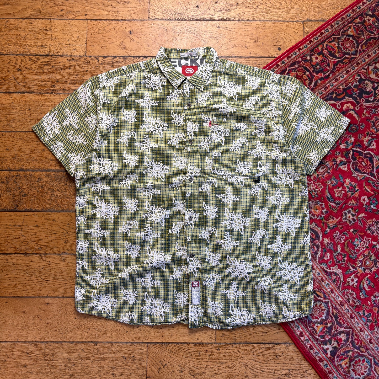 Vintage Ecko Unltd Green Pattern Short Sleeve Hip Hop Shirt - 2XL