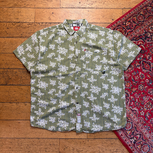 Vintage Ecko Unltd Green Pattern Short Sleeve Hip Hop Shirt - 2XL