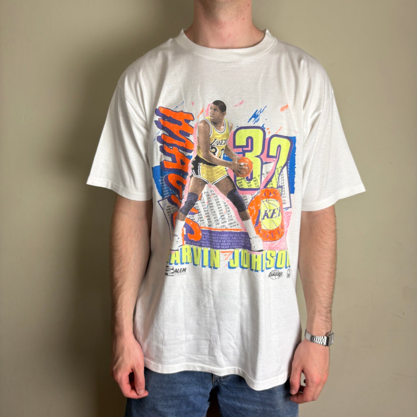 Vintage 90s NBA Lakers Earvin Johnson White Single Stitch Graphic T-Shirt - L
