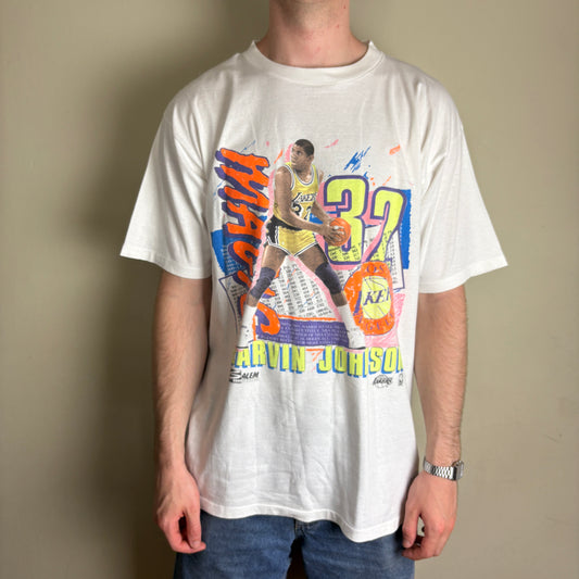 Vintage 90s NBA Lakers Earvin Johnson White Single Stitch Graphic T-Shirt - L