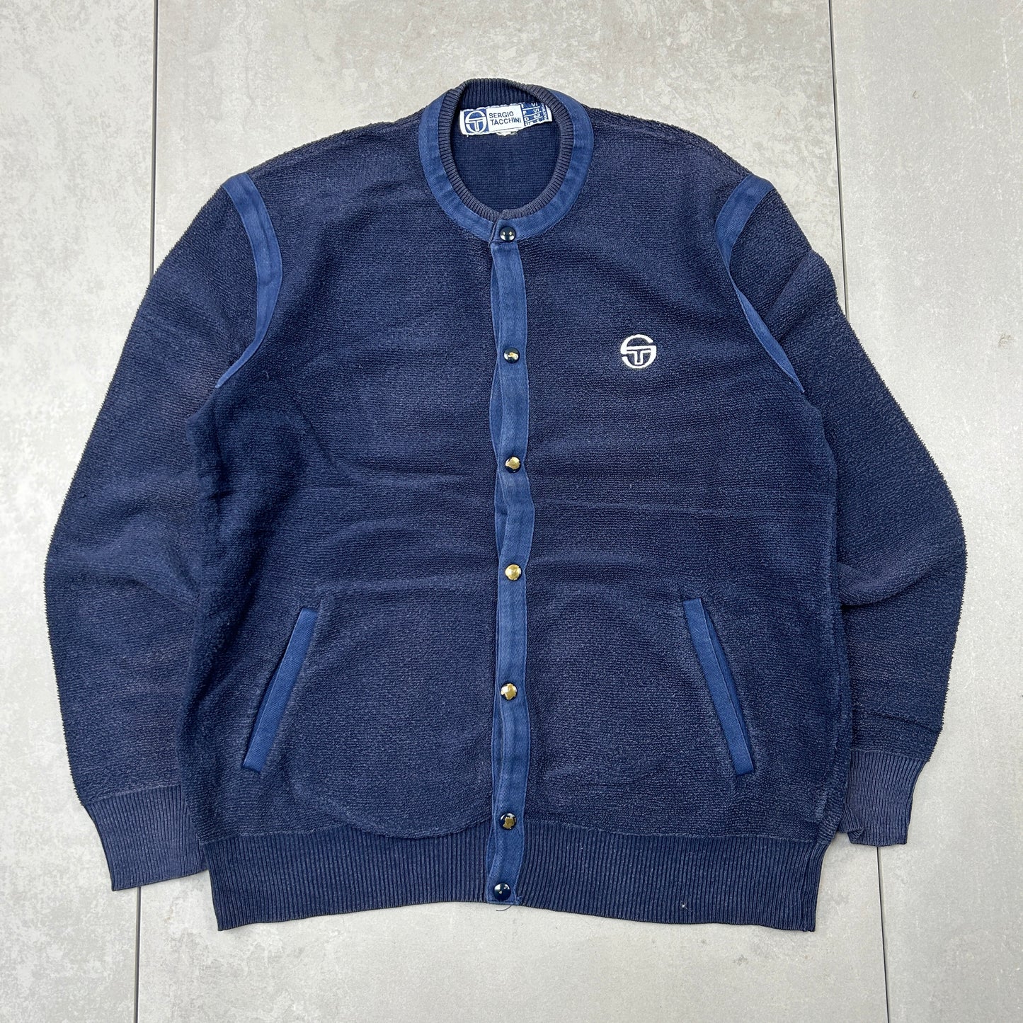 Vintage Sergio Tacchini Navy Embroiderd Cardigan Chunky Knit Jumper - M
