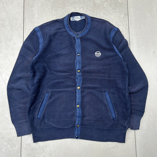 Vintage Sergio Tacchini Navy Embroiderd Cardigan Chunky Knit Jumper - M