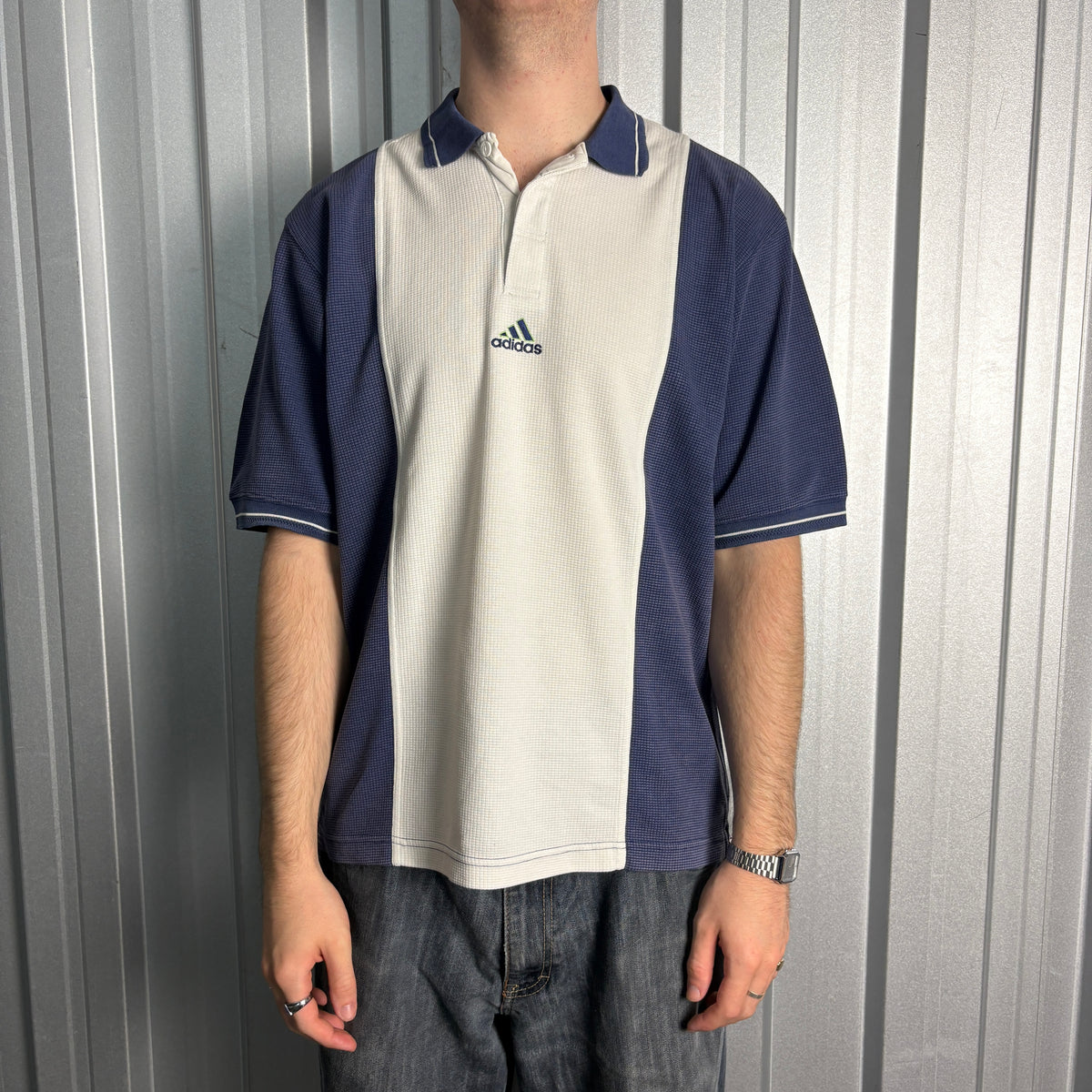 Adidas 90s Blue Cream Embroidered Polo Shirt - L
