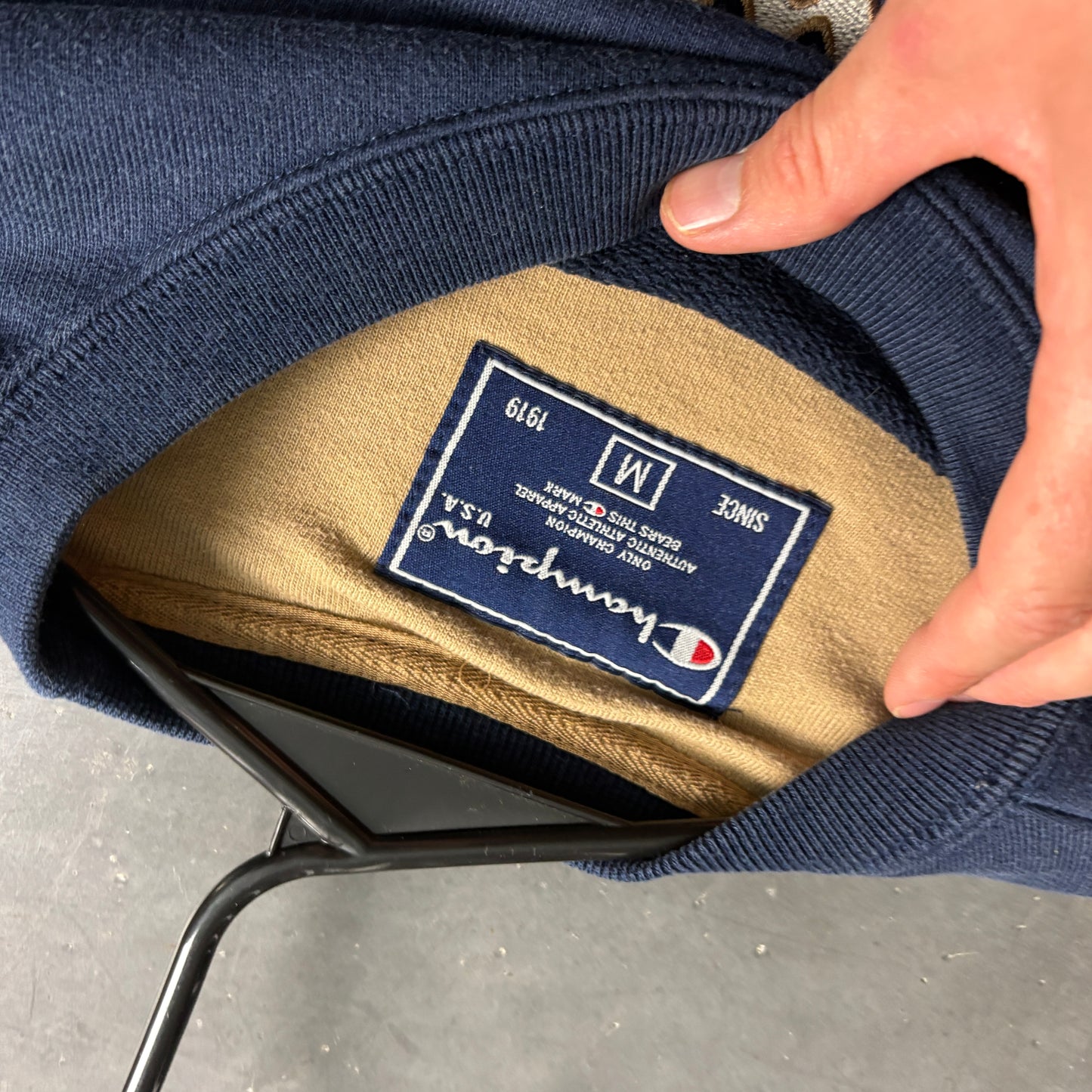 Vintage Champion Navy Blue Spellout Boxy Embroidered Sweatshirt - M