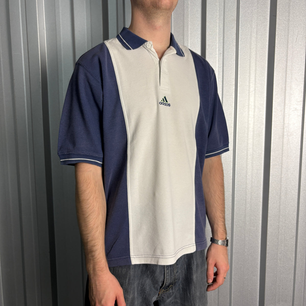 Adidas 90s Blue Cream Embroidered Polo Shirt - L