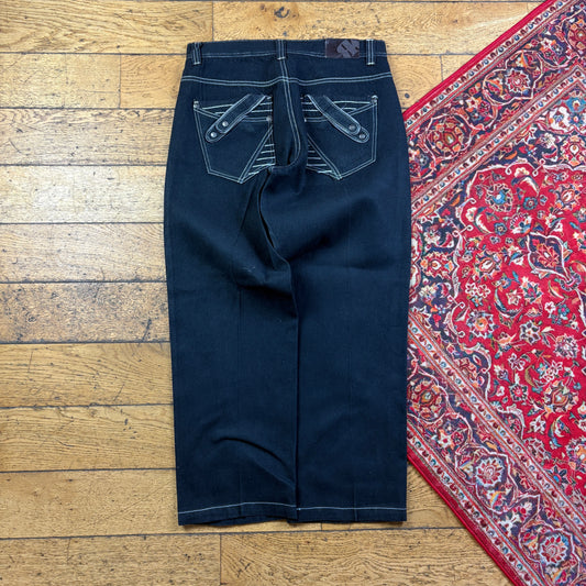 Vintage Black Embroidered Y2K Hip Hop Baggy Jeans - 34